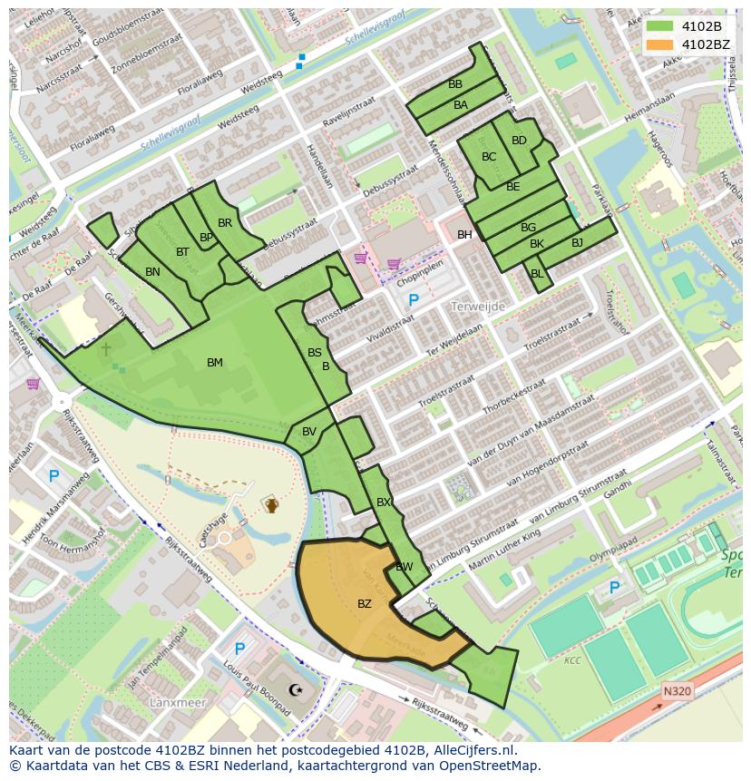 Afbeelding van het postcodegebied 4102 BZ op de kaart.