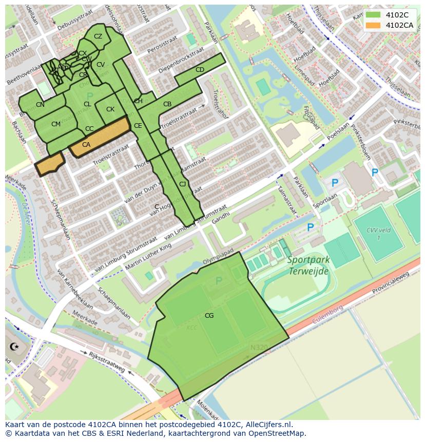 Afbeelding van het postcodegebied 4102 CA op de kaart.