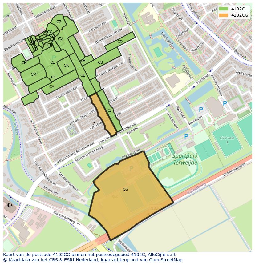 Afbeelding van het postcodegebied 4102 CG op de kaart.