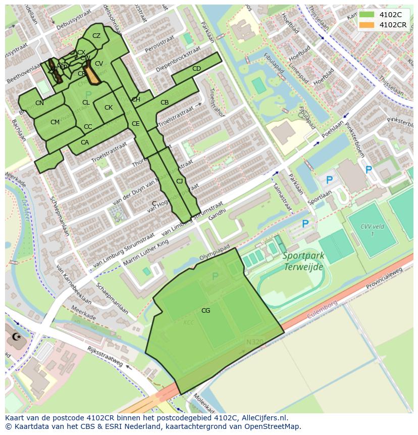Afbeelding van het postcodegebied 4102 CR op de kaart.