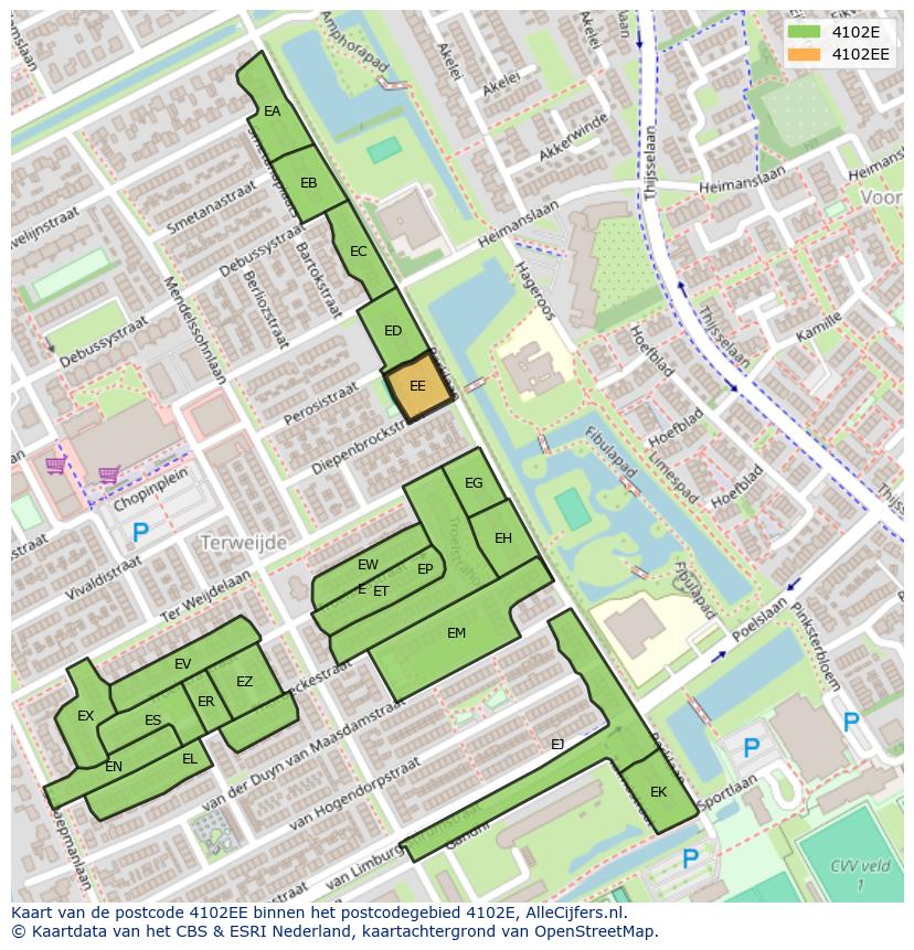Afbeelding van het postcodegebied 4102 EE op de kaart.