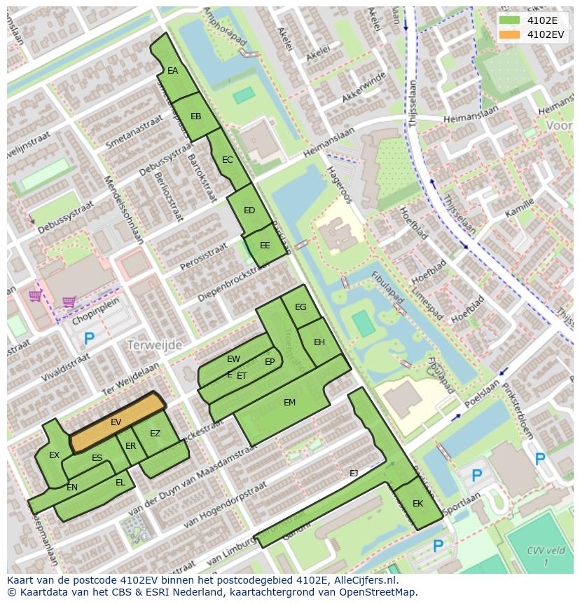 Afbeelding van het postcodegebied 4102 EV op de kaart.