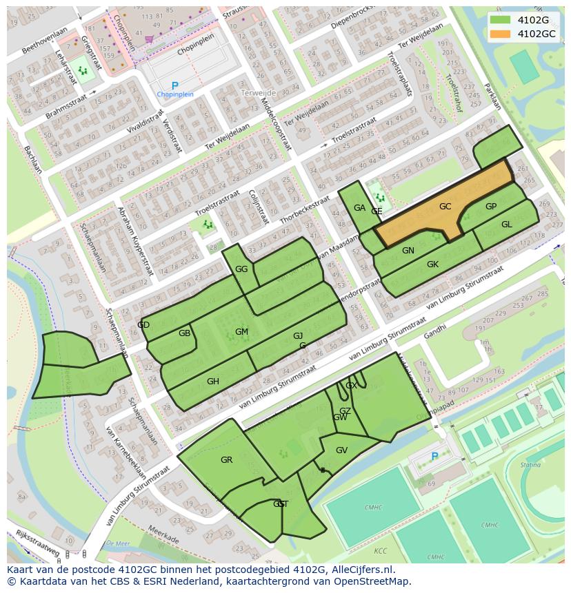 Afbeelding van het postcodegebied 4102 GC op de kaart.