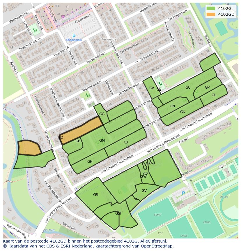 Afbeelding van het postcodegebied 4102 GD op de kaart.