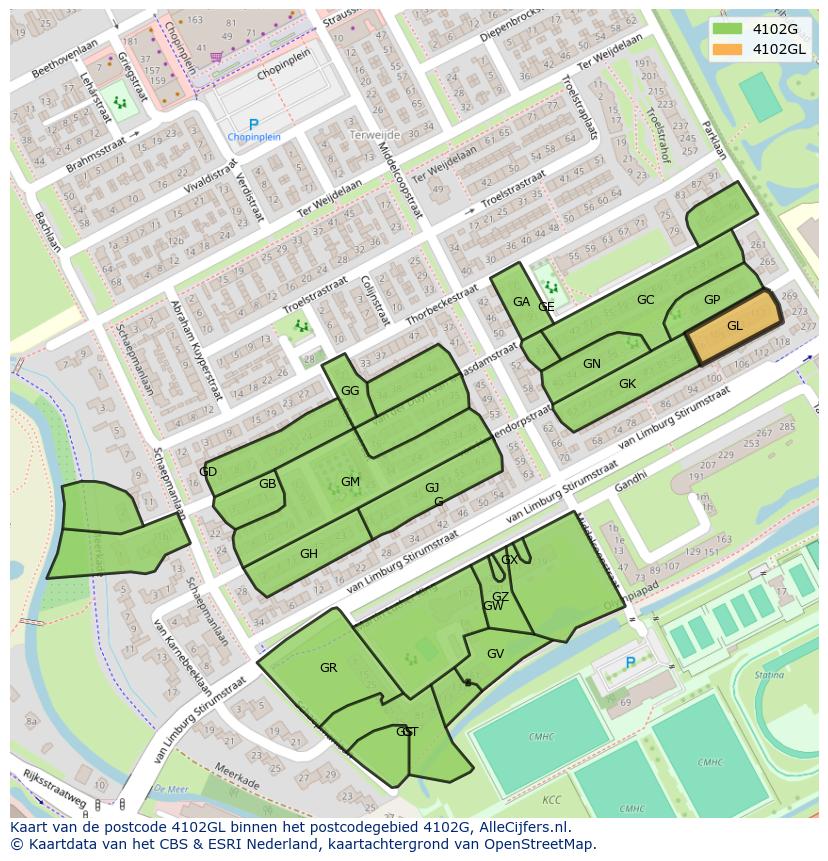 Afbeelding van het postcodegebied 4102 GL op de kaart.