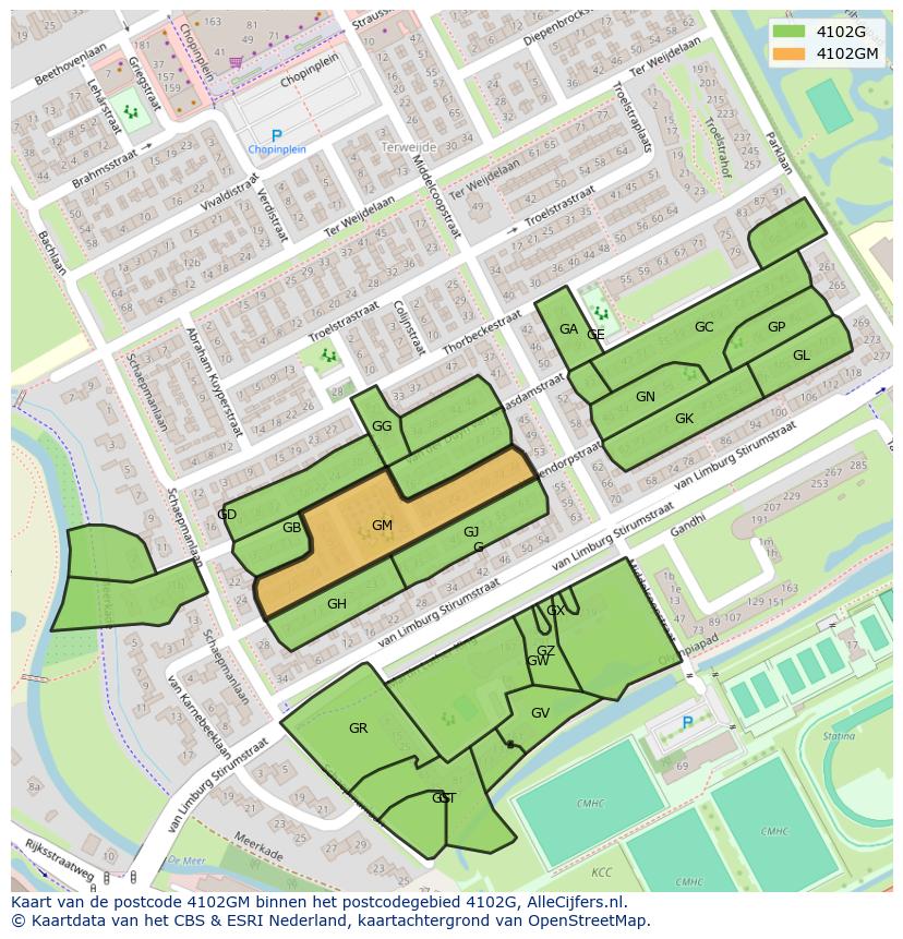 Afbeelding van het postcodegebied 4102 GM op de kaart.