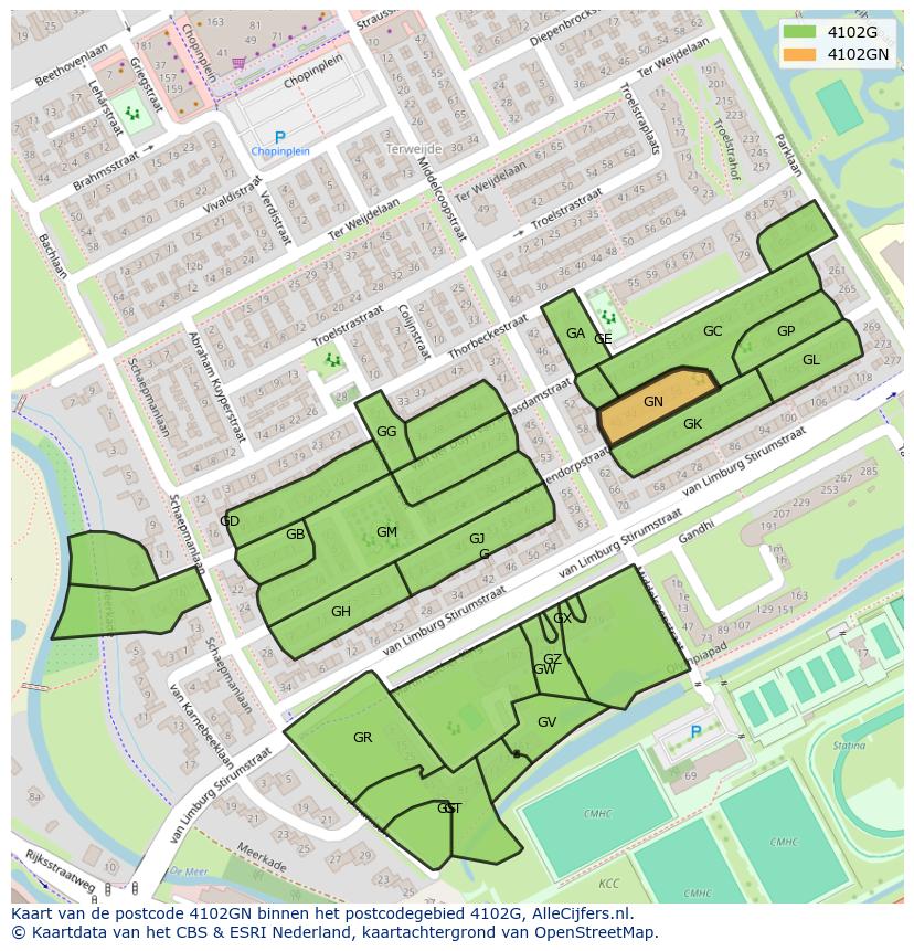 Afbeelding van het postcodegebied 4102 GN op de kaart.