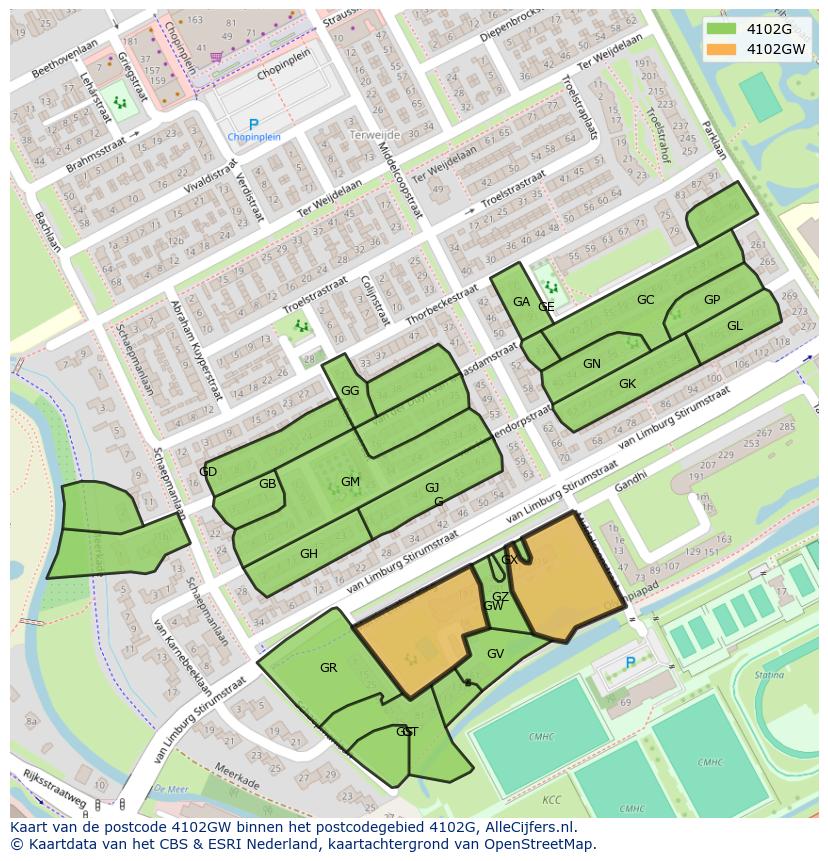 Afbeelding van het postcodegebied 4102 GW op de kaart.