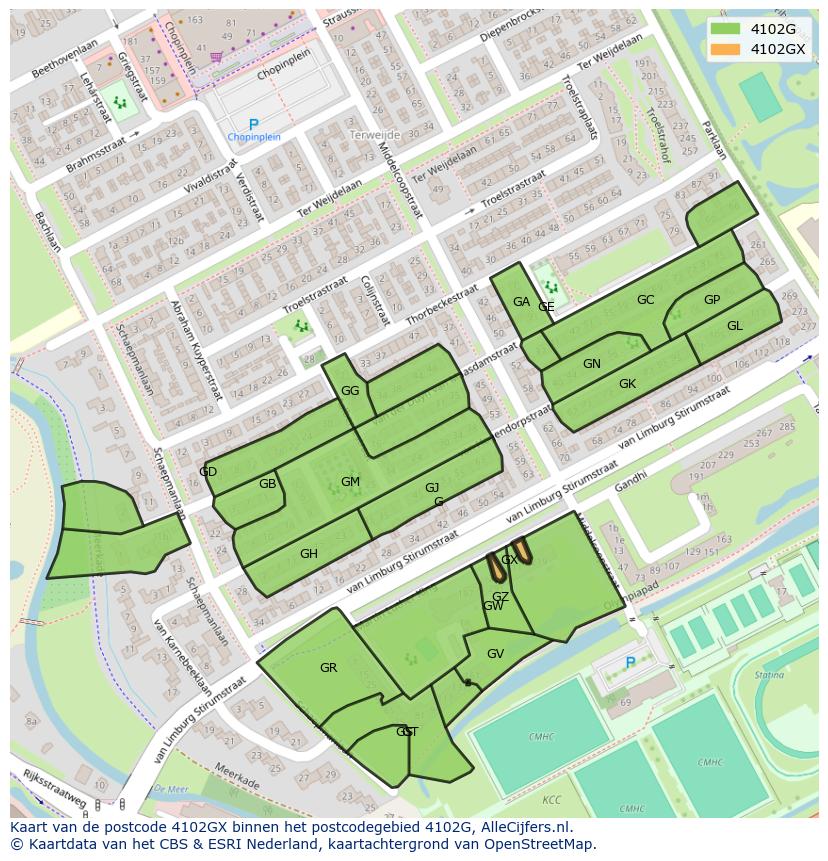 Afbeelding van het postcodegebied 4102 GX op de kaart.