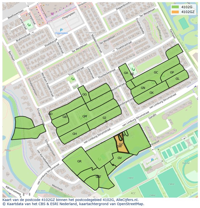 Afbeelding van het postcodegebied 4102 GZ op de kaart.