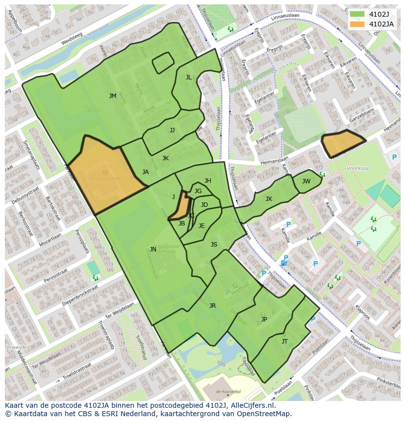 Afbeelding van het postcodegebied 4102 JA op de kaart.