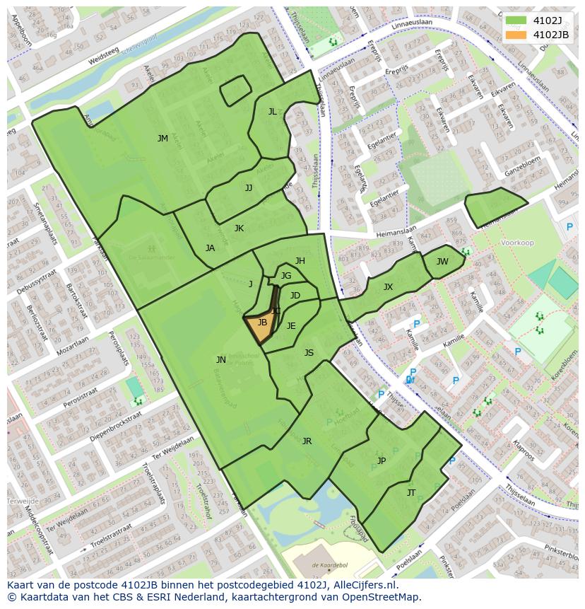 Afbeelding van het postcodegebied 4102 JB op de kaart.