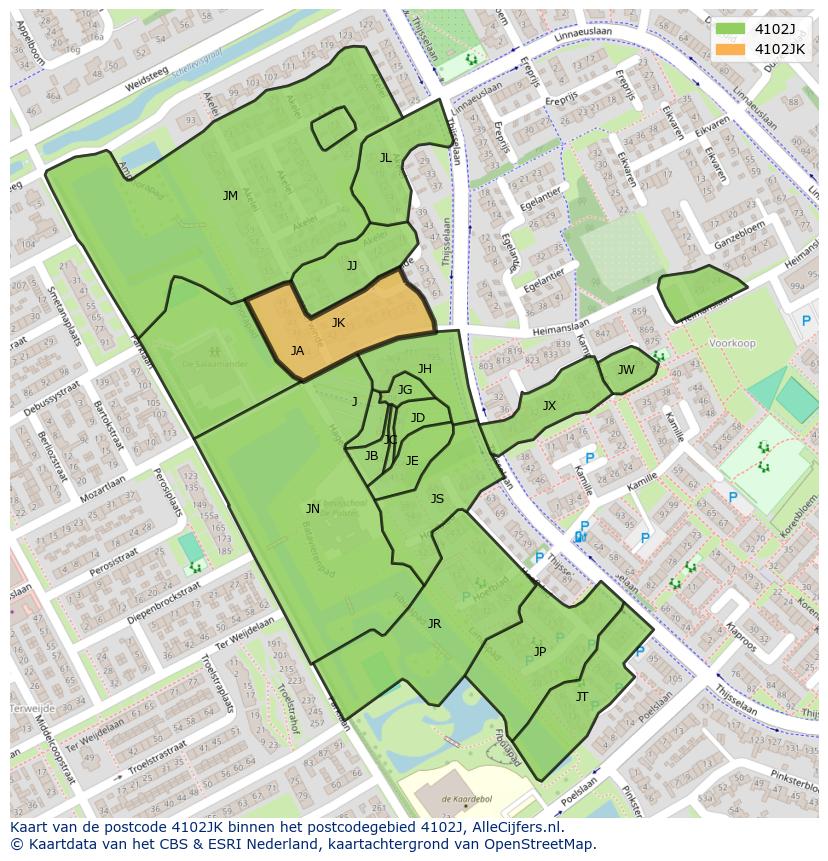 Afbeelding van het postcodegebied 4102 JK op de kaart.