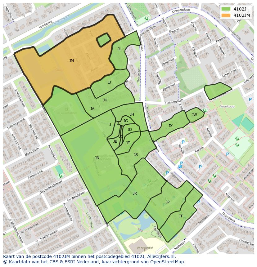 Afbeelding van het postcodegebied 4102 JM op de kaart.