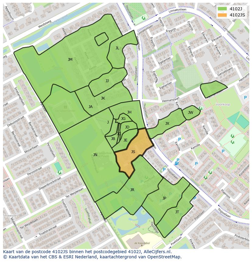 Afbeelding van het postcodegebied 4102 JS op de kaart.