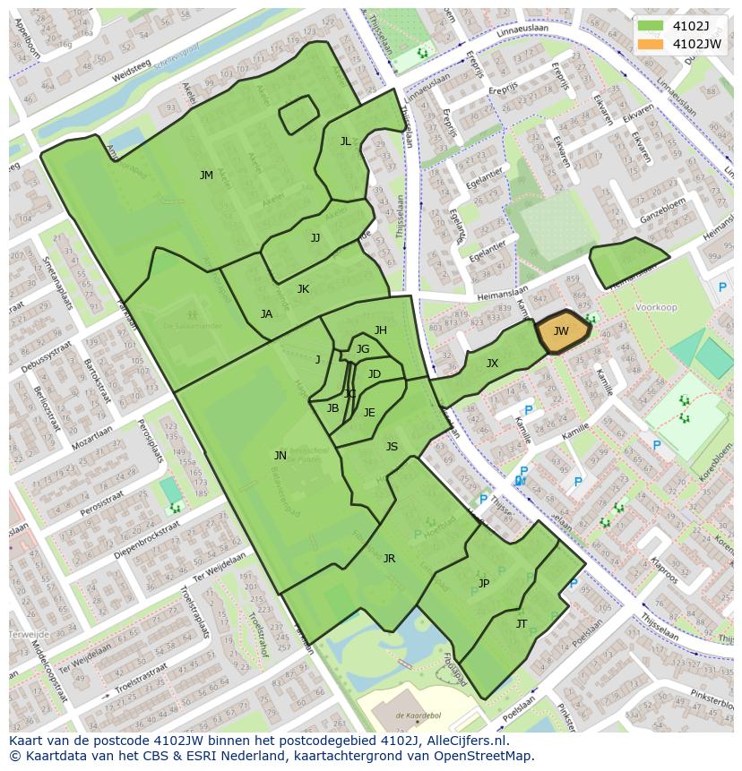 Afbeelding van het postcodegebied 4102 JW op de kaart.