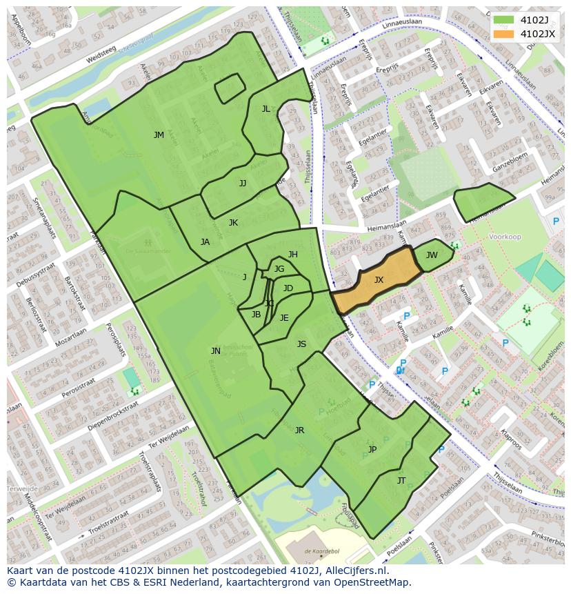 Afbeelding van het postcodegebied 4102 JX op de kaart.