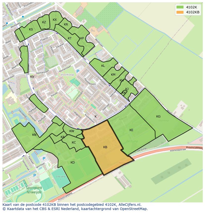Afbeelding van het postcodegebied 4102 KB op de kaart.