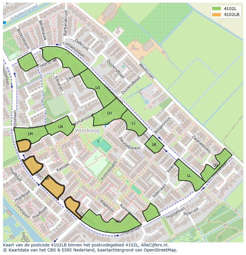 Afbeelding van het postcodegebied 4102 LB op de kaart.