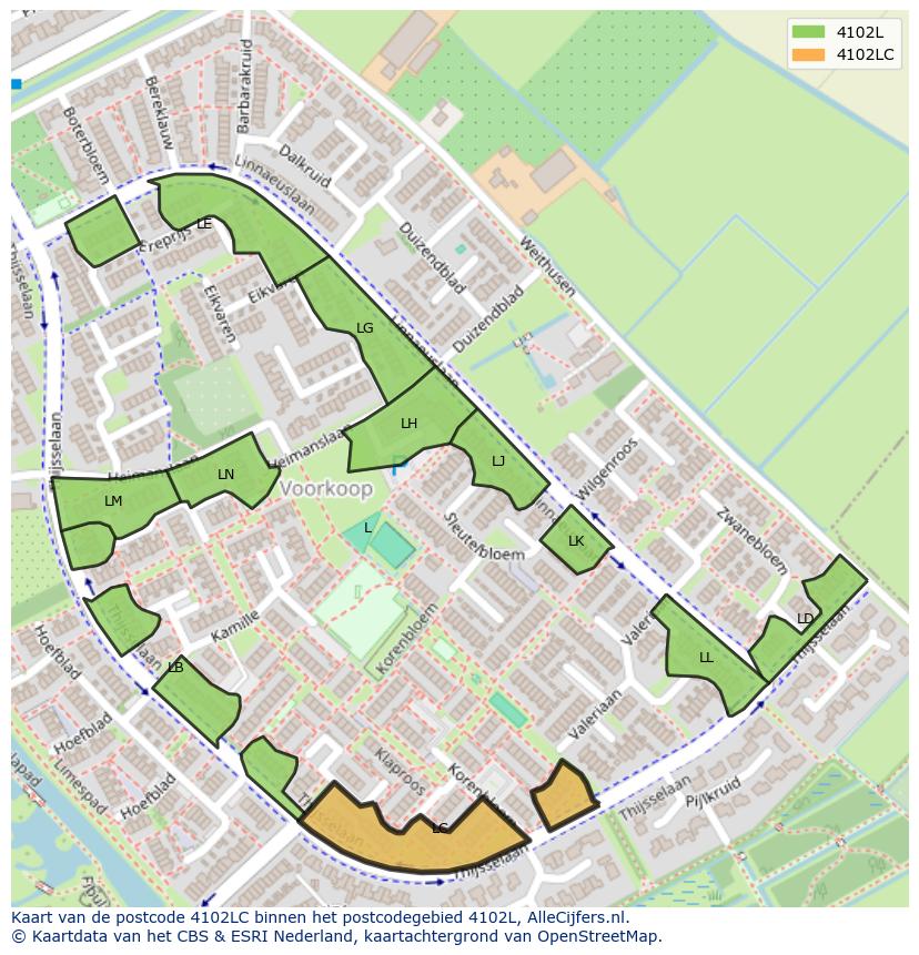 Afbeelding van het postcodegebied 4102 LC op de kaart.