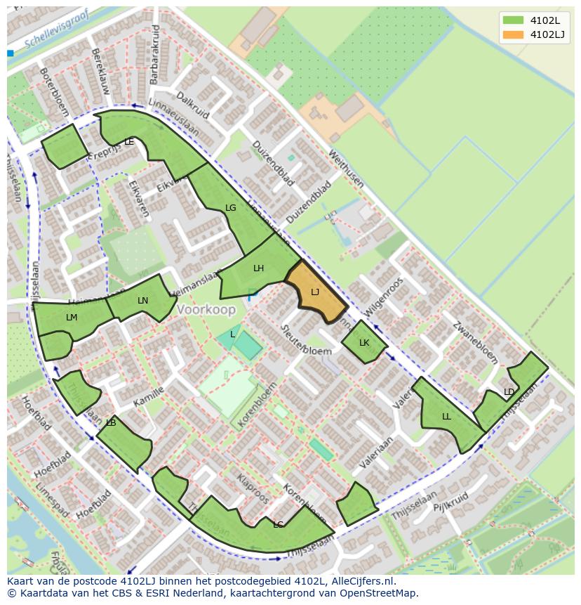 Afbeelding van het postcodegebied 4102 LJ op de kaart.