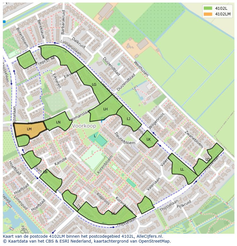 Afbeelding van het postcodegebied 4102 LM op de kaart.
