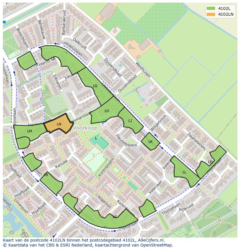 Afbeelding van het postcodegebied 4102 LN op de kaart.