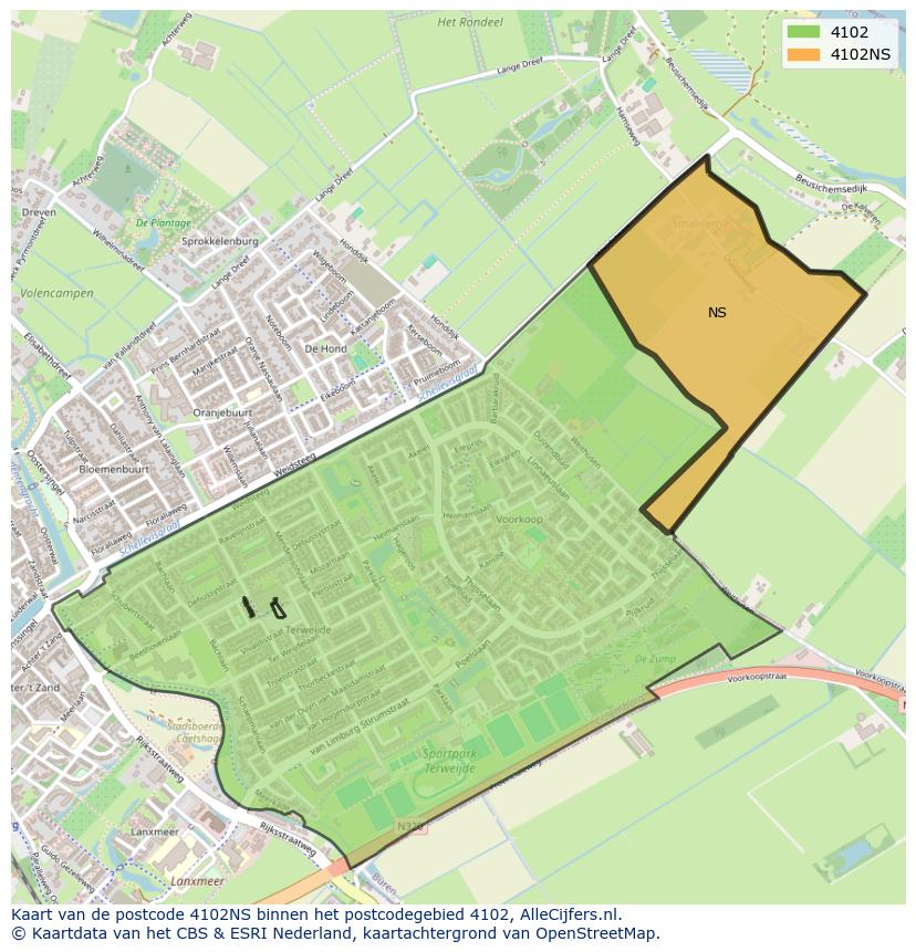 Afbeelding van het postcodegebied 4102 NS op de kaart.