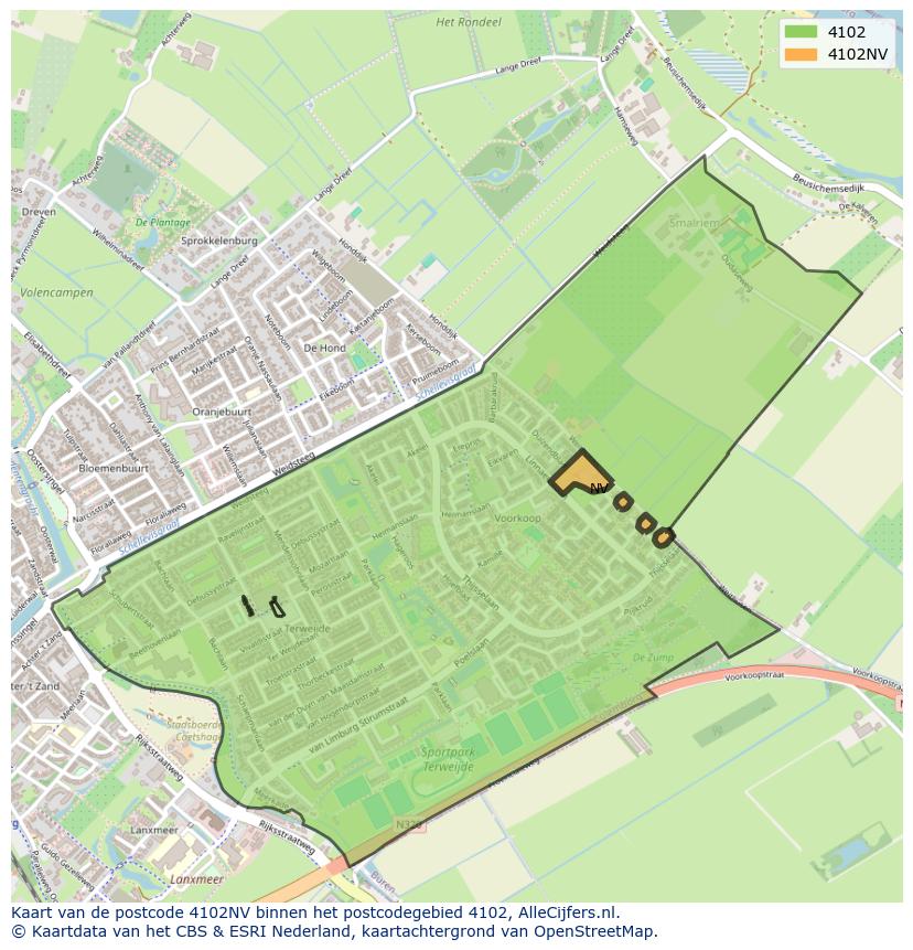 Afbeelding van het postcodegebied 4102 NV op de kaart.