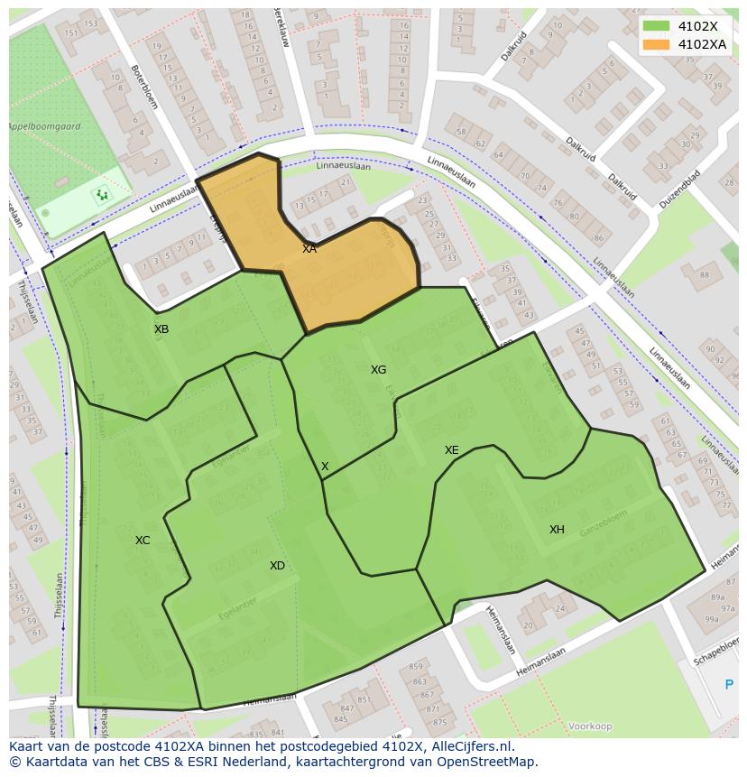 Afbeelding van het postcodegebied 4102 XA op de kaart.