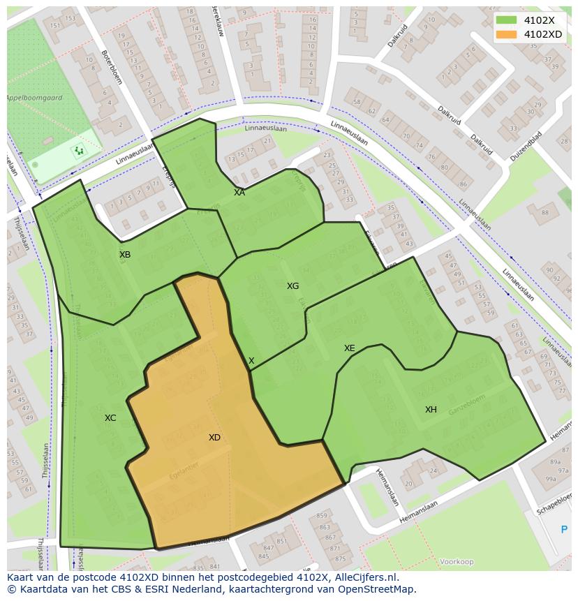 Afbeelding van het postcodegebied 4102 XD op de kaart.