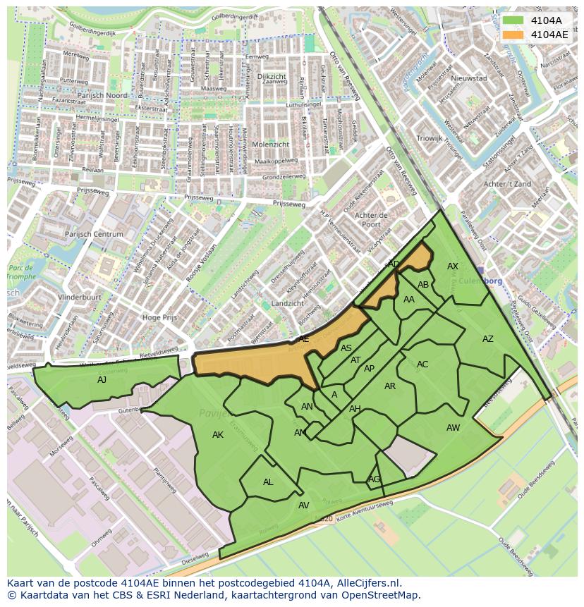 Afbeelding van het postcodegebied 4104 AE op de kaart.