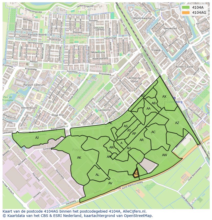 Afbeelding van het postcodegebied 4104 AG op de kaart.