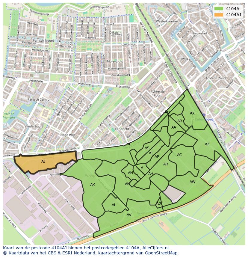 Afbeelding van het postcodegebied 4104 AJ op de kaart.