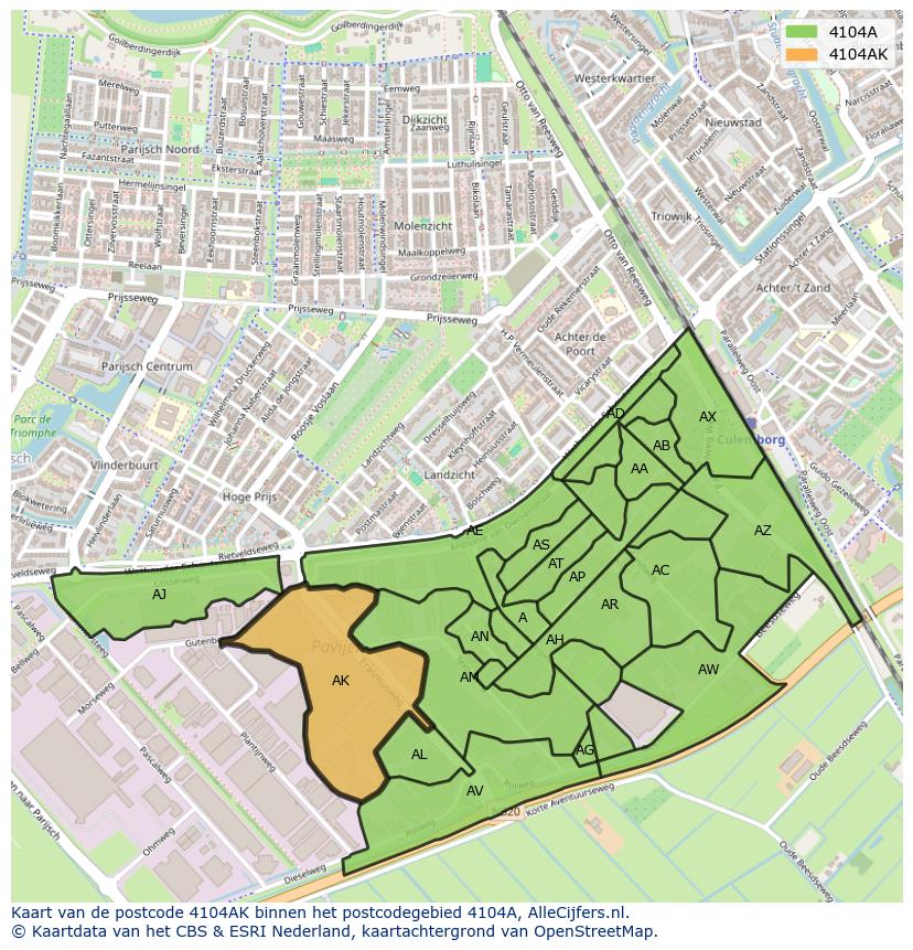 Afbeelding van het postcodegebied 4104 AK op de kaart.