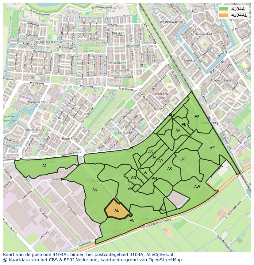 Afbeelding van het postcodegebied 4104 AL op de kaart.