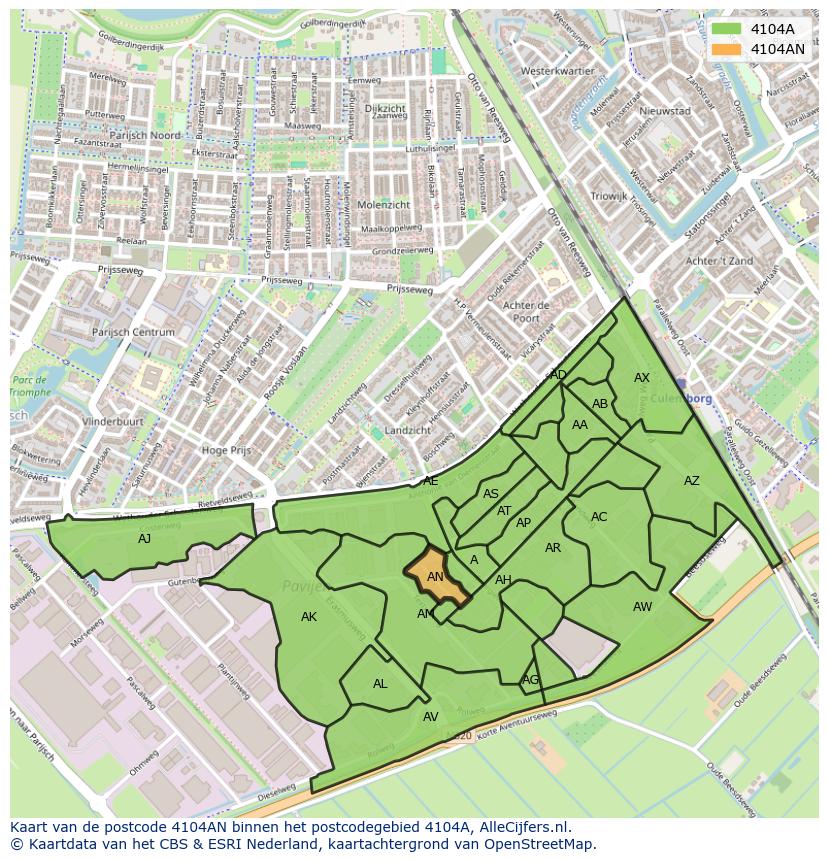 Afbeelding van het postcodegebied 4104 AN op de kaart.