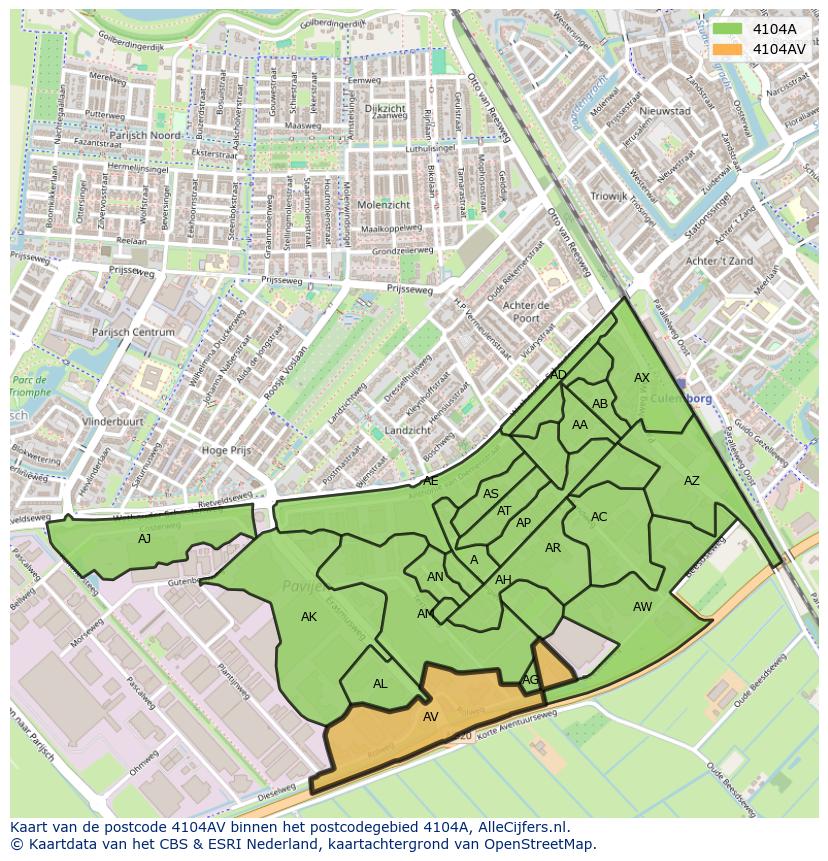 Afbeelding van het postcodegebied 4104 AV op de kaart.