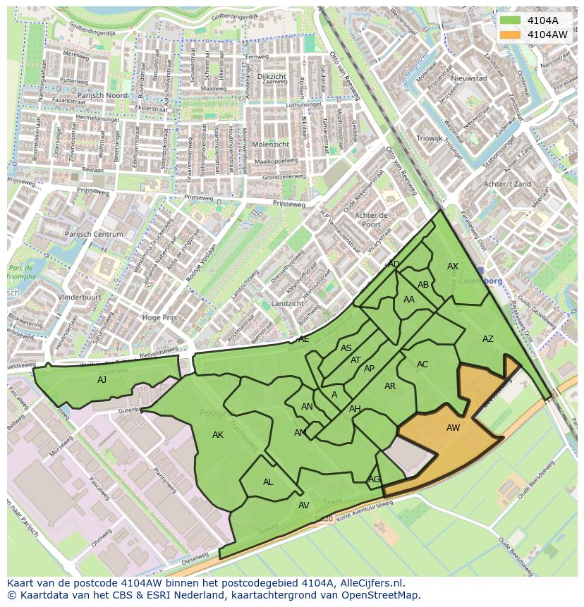 Afbeelding van het postcodegebied 4104 AW op de kaart.