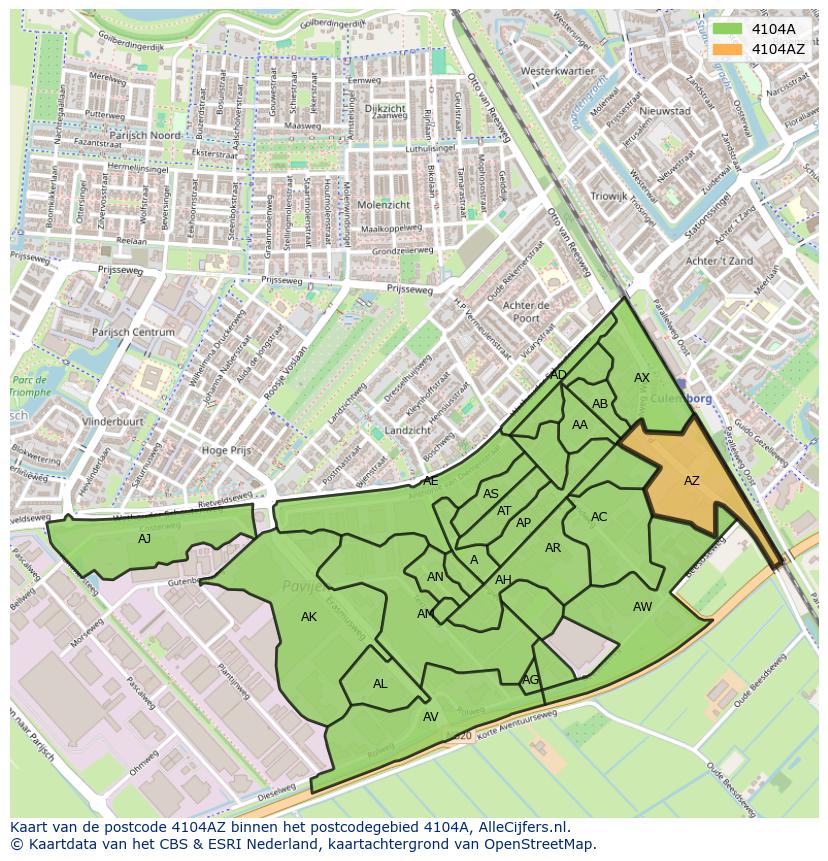 Afbeelding van het postcodegebied 4104 AZ op de kaart.
