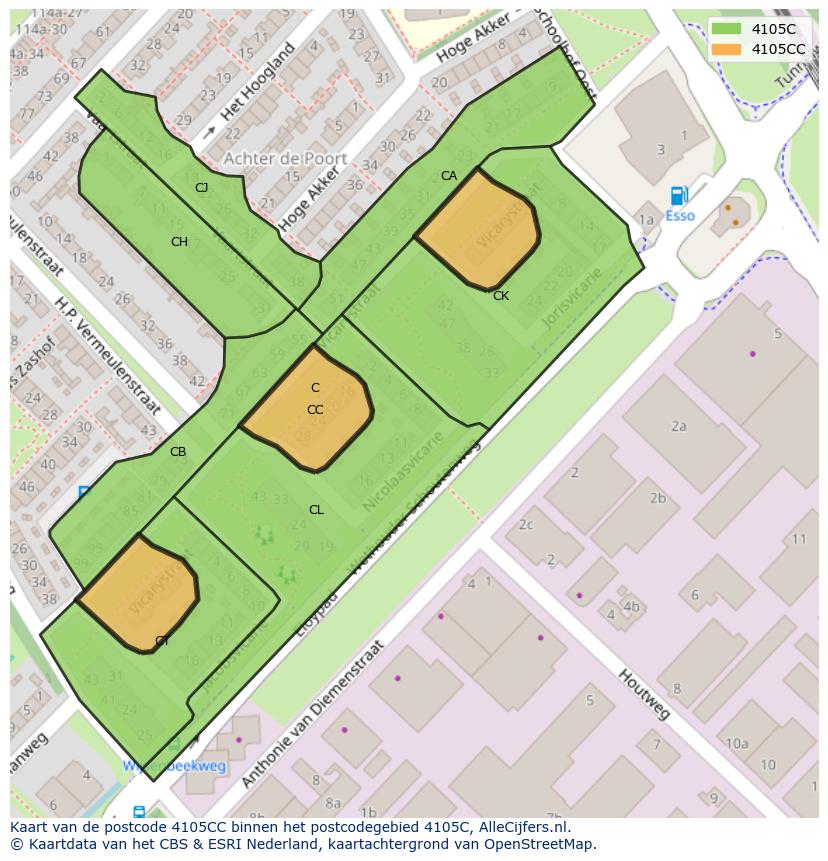 Afbeelding van het postcodegebied 4105 CC op de kaart.