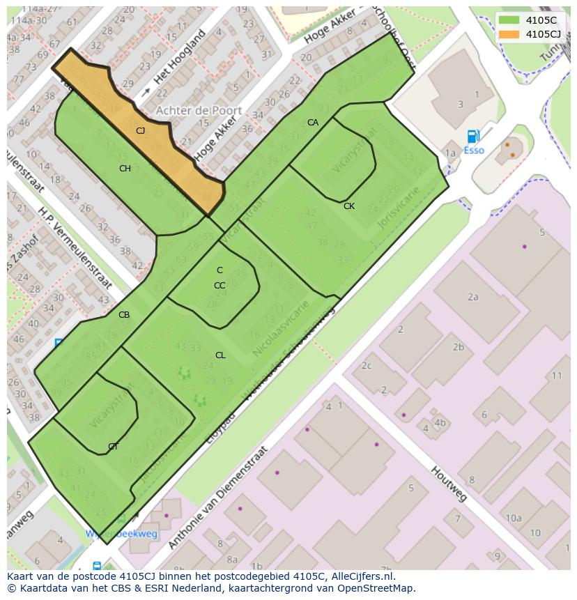 Afbeelding van het postcodegebied 4105 CJ op de kaart.