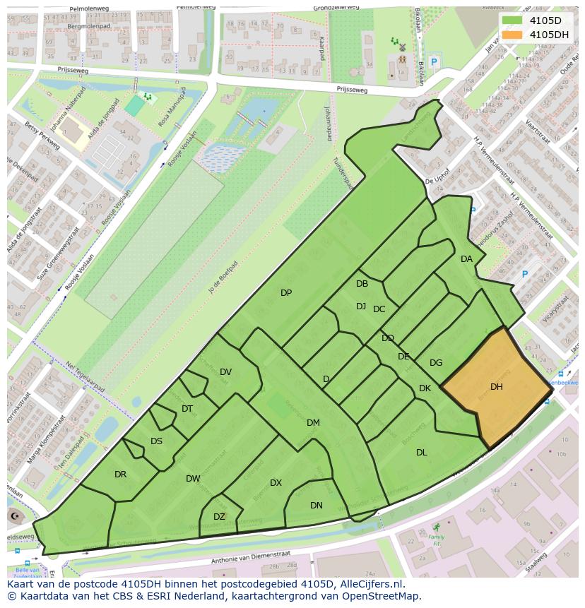 Afbeelding van het postcodegebied 4105 DH op de kaart.