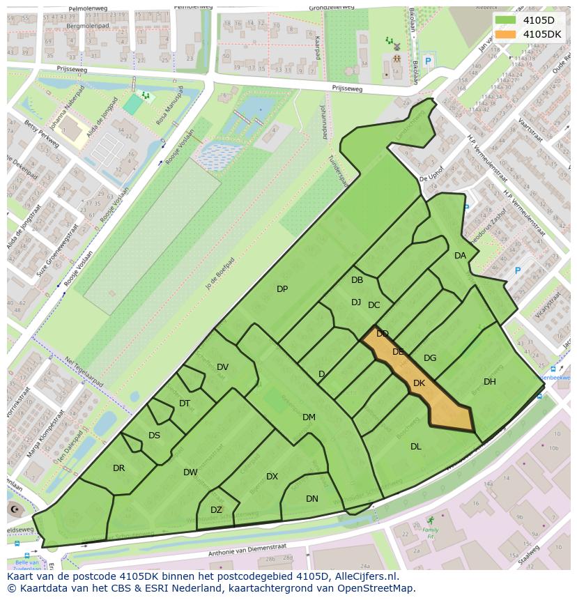 Afbeelding van het postcodegebied 4105 DK op de kaart.