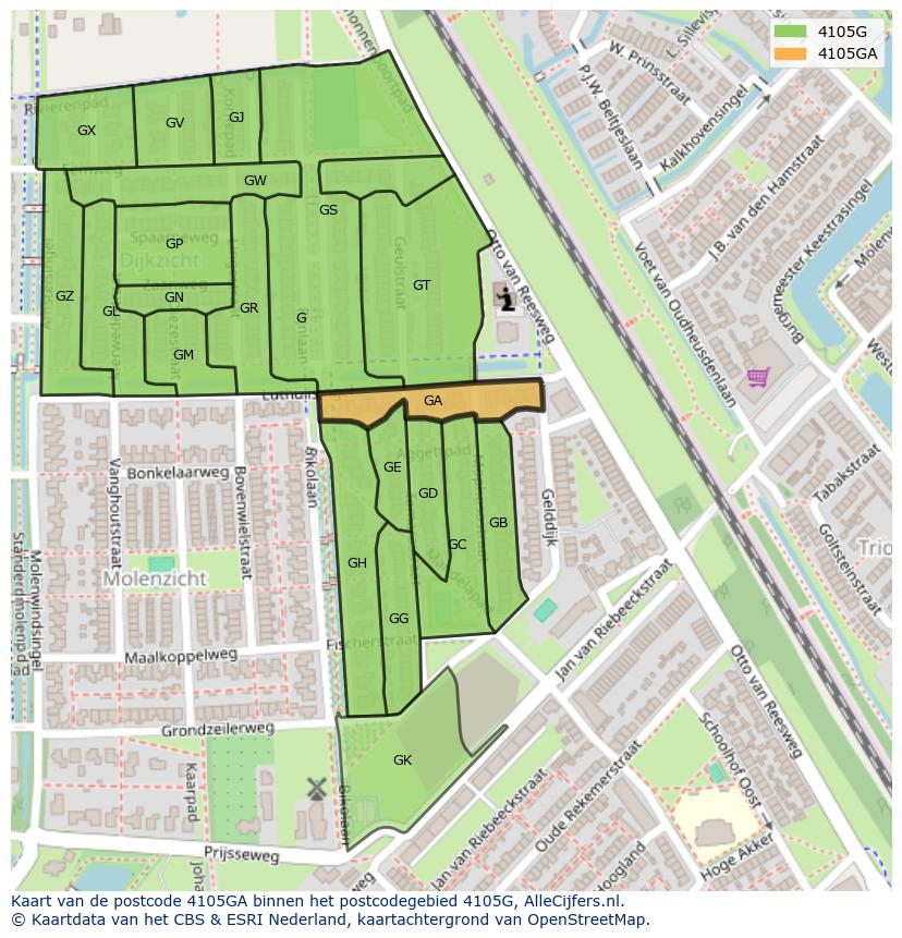 Afbeelding van het postcodegebied 4105 GA op de kaart.