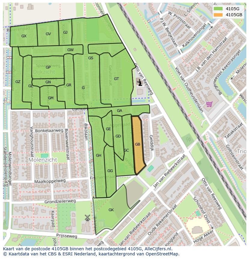 Afbeelding van het postcodegebied 4105 GB op de kaart.