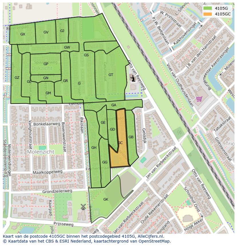 Afbeelding van het postcodegebied 4105 GC op de kaart.