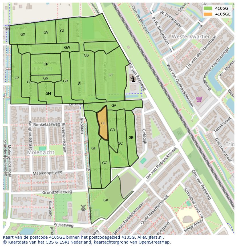 Afbeelding van het postcodegebied 4105 GE op de kaart.