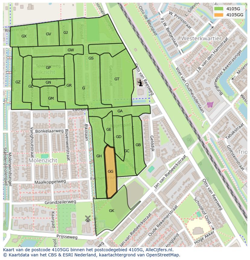 Afbeelding van het postcodegebied 4105 GG op de kaart.