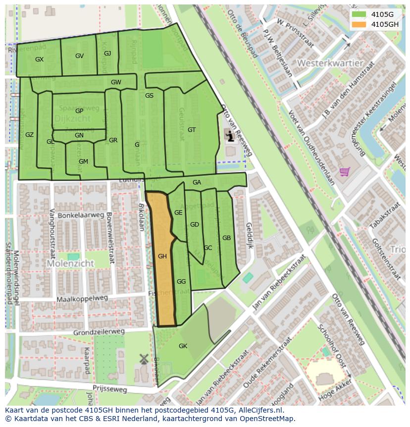 Afbeelding van het postcodegebied 4105 GH op de kaart.